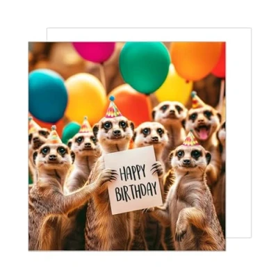 Afbeelding van Edition Seidel Premium vierkante verjaardagskaart met envelop. Wenskaart Happy Birthday bilet dier kaart man vrouw kinderen coole stokstaartjes kleurrijke ballonnen (GQ175 SW024)