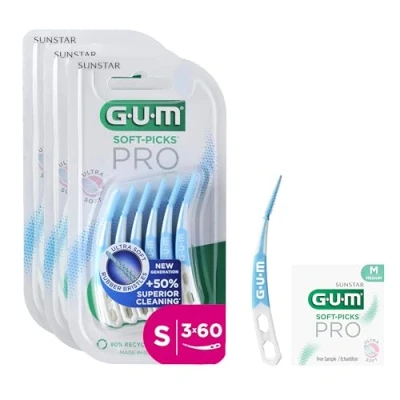 Afbeelding van GUM SOFT PICKS PRO interdentale reinigers gebogen vorm voor gemakkelijke toegang tot moeilijk bereikbare plaatsen zachte werking gevoelig tandvlees [S 3x60] (+1 gratis sample)