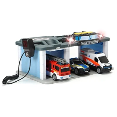 Afbeelding van Dickie Toys SOS Reddingsstation met politie, brandweer en ambulance, station licht &amp; geluid, microfoon luidsprekerfunctie, poorten om te openen, incl. batterijen, 31x22x16 cm, blauw