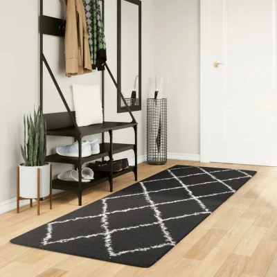 Afbeelding van Vloerkleed shaggy hoogpolig modern 80x250 cm zwart en crème