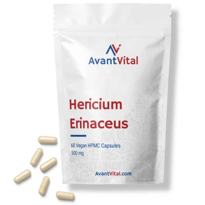Afbeelding van Hericium Erinaceus 180 Vegan Capsules 500 mg Hoog gestandaardiseerd Voordeelverpakking AvantVital Voedingssupplementen