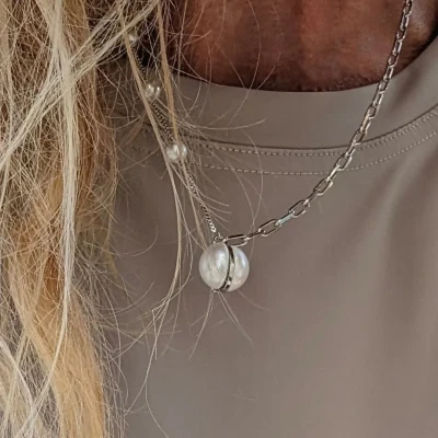 Afbeelding van Combi zilveren ketting met fijne en grote schakels parels een parel hanger