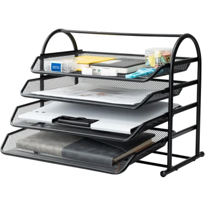 Afbeelding van 4 Tier Mesh Brievenlade, Office Desk Paper Organizer met schuifbakken voor bureauaccessoires, kantoorbenodigdheden en bestandsopslag, zwart