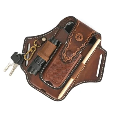 Afbeelding van TOURBON Multitool Lederen Schede voor Riem EDC Pocket Organizer Telefoon Pouch Mannen met Zaklamp Pen Houder Sleutelhanger