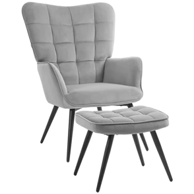 Afbeelding van HOMCOM Fauteuil met voetenbank, loungestoel, relaxstoel, gestoffeerde stoel fluweelachtige uitstraling, tv stoel, eetkamerstoel tot 120 kg, voor de woonkamer, lichtgrijs.