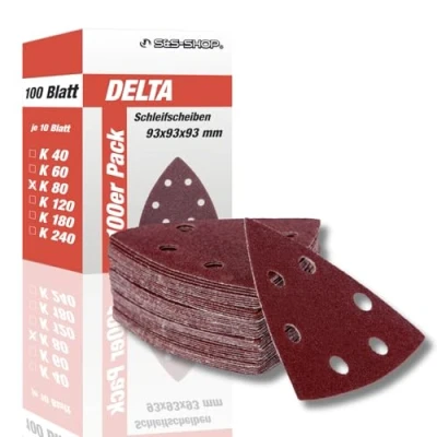 Afbeelding van Delta schuurdriehoeken met klittenband, korrel 80, 100 stuks, 93 x mm, 6 gaten, voor deltaschuurmachines en multischuurmachines, schuurpapier, stofafzuiging