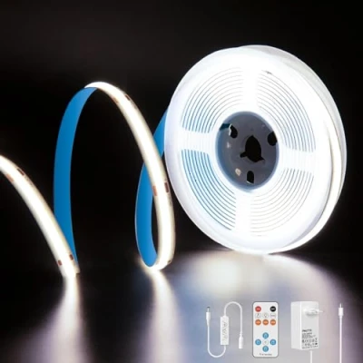 Afbeelding van PAUTIX COB LED Strip 6000K Koel Wit 5M,dimbaar 24V 2400LEDs witte set met timerfunctie RF afstandsbediening en GS voeding,CRI93+ heldere onderkastverlichting voor thuis DIY decoratie