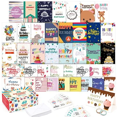 Afbeelding van 40 Happy Birthday kaartenpakket, ontwerpen Feela verjaardagskaarten multipack en lege enveloppen, 48 stuks stickers, 2 Washi Tapes, 10 x 15,5 cm blanco wenskaarten voor vrouwen, mannen, vrienden