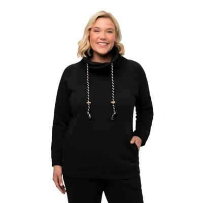 Afbeelding van Ulla Popken Dames sweatshirt, brede opstaande kraag, koord, raglanmouwen sweatjack, zwart (71396310), 42/44