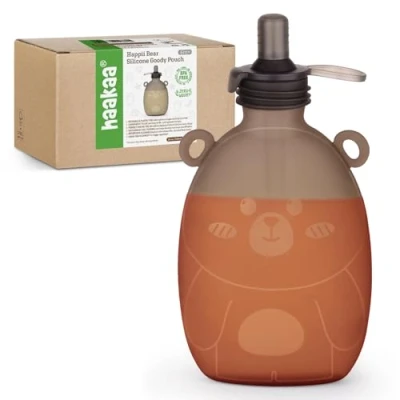Afbeelding van haakaa Happii Bear siliconen goody zakje, herbruikbare babyzakjes voor zelfgemaakte biologische puree, sappen, smoothies en yoghurt perfect peuters kinderen 1 pak, 18 oz