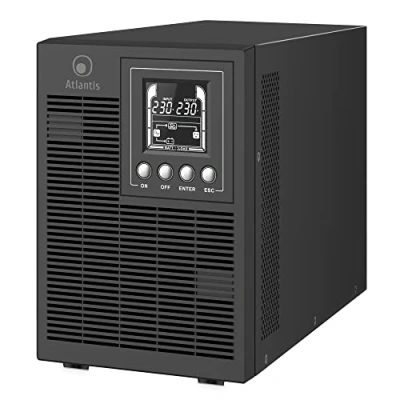 Afbeelding van Atlantis A03 OP1502P PRO UPS OnLine onderbrekingsgroep server dubbele converter zuivere sinusgolf 1500 VA 1350 W, toren, lcd display, USB, serieel RS 232, 4 IEC uitgangen, SNMP sleuf, 3 x 12 V 9 Ah