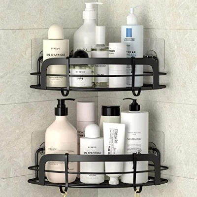 Afbeelding van STEUGO Hoekrek douche zonder boren, zwarte shampoohouder badkamer opslag met 4 haakjes, 2 stuks, roestvrij staal