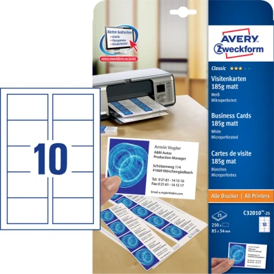 Afbeelding van Visitekaart Avery Zweckform C32010 25 85x54mm 185gr 250stuks