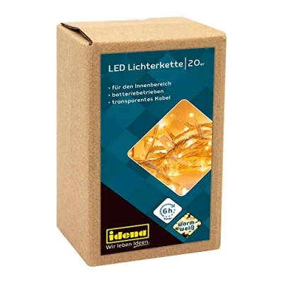 Afbeelding van Idena 8582052 LED lichtketting met 20 in warm wit, 6 uur timerfunctie, werkt op batterijen, ca. 1,8 m lang, voor gebruik binnenshuis, als decoratie feestjes, Kerstmis, bruiloft