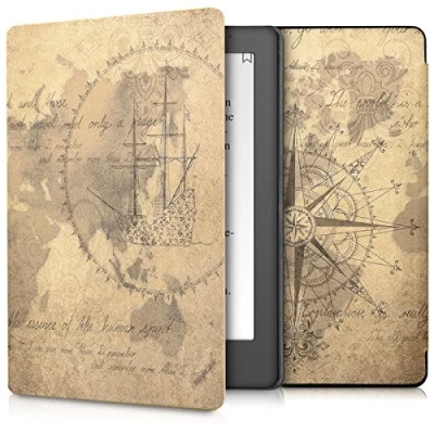 Afbeelding van kwmobile E reader hoesje geschikt voor Kobo Aura H2O Edition 2 hoes flip case met magnetische sluiting Ereader cover Vintage Travel design in bruin / lichtbruin