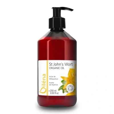 Afbeelding van Biologische rode sint janskruidolie, gemacereerd in extra vierge olijfolie, behandeling voor geïrriteerde huid, roodheid, littekens, striae 250 ml