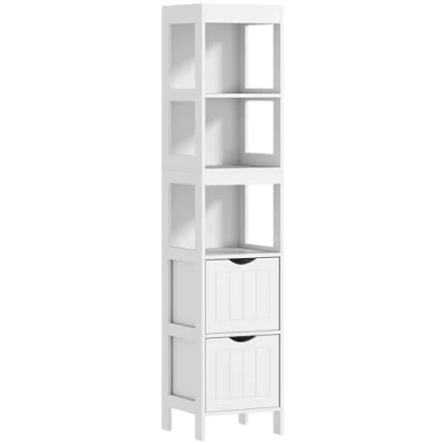 Afbeelding van HOMCOM Badezimmerschrank schmal, Hochschrank Toilettenschrank mit 2 Schubladen und 3 offenen Fächern, Badschrank für kleine Räume Badezimmer, Wohnzimmer 30 x 141,2 cm Weiß