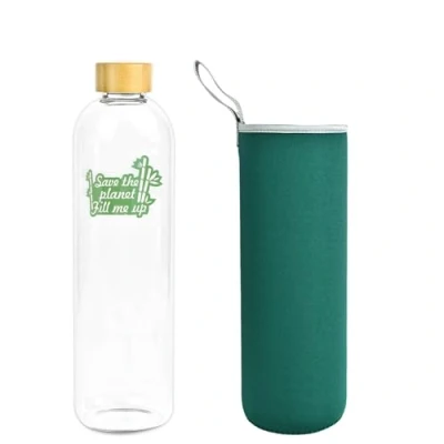 Afbeelding van Waterfles van glas, 1,5 l, 1500 ml, met bamboedeksel borosilicaatglas, neopreen hoes, groen, milieuvriendelijk, voor het vullen de planeet, recyclebaar, herbruikbaar, niet giftig, BPA vrij