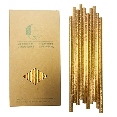 Afbeelding van Metallic gouden rietjes, papier, 100 stuks, papieren bulk, wegwerp rietjes voor drinken, cocktail, cakepops, feest, bruiloft, bars en restaurants
