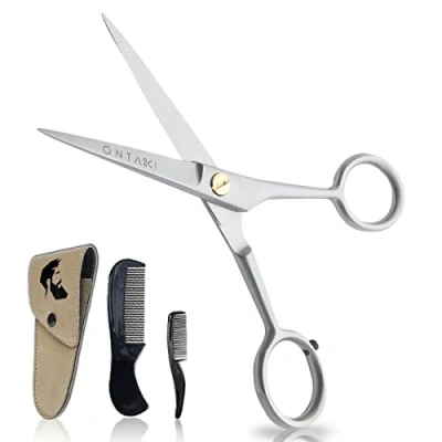 Afbeelding van ONTAKI Professionele baard snor schaar Duitse stalen kam en draagtas Hand gesmede schuine rand precisie perfecte mannen gezichtshaar verzorging kit voor alle lichaamshaar (satijn)