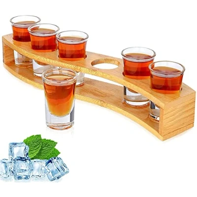 Afbeelding van Set borrelglazen, 3 cl, houder en borrelglaasjes 1oz/30 ml drinkserveerplank organizer 6 gaten met helder glas, stuks voor likeurshots tequila whisky brandy wodka rum home party bar cadeau
