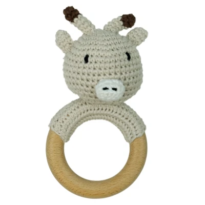 Afbeelding van Dutsi Houten Bijtring &amp; Rammelaar Met Gebreid Dierenfiguurtje Ø 7 cm Rendier