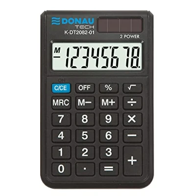 Afbeelding van Calculator DONAU TECH/K DT2082 01 8 cijferig wortelfunctie/97x60x11 mm/kleur: zwart/computer met cijferige weergave/dual power solar batterijwerking/compact ontwerp