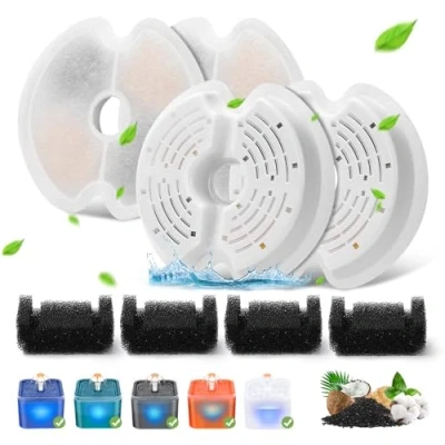 Afbeelding van 4 stuks kattenfonteinfilters voor ultrastille kattenfontein 67oz/2L met LED nachtlampje, drievoudig filtratiesysteem Geactiveerd Koolstoffilter voorfiltersponzen waterfontein huisdieren