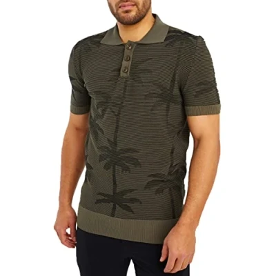 Afbeelding van Leif Nelson Poloshirts LN20773 Zomer T shirt voor heren, polo, kraag van fijn gebreid, basic herenshirt met korte mouwen, kaki/zwart, XXL