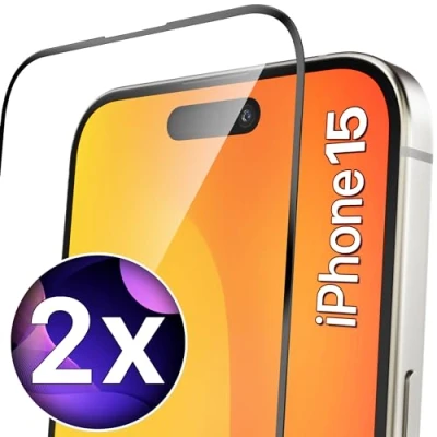 Afbeelding van UTECTION 2 x full screen beschermglas compatibel met iPhone 15 perfecte pasvorm, ultra robuust &gt; geen luchtbellen dankzij innovatieve lijmtechnologie + super eenvoudig aan te brengen