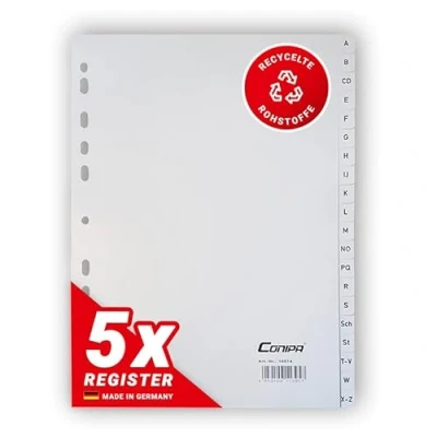 Afbeelding van Conipa® 5 delige set A Z tabbladen voor ordners, DIN A4, alfabetisch (Made in Germany), ordnerregisters en van PP met letters (alfabet), scheidingsregister documenten, ringbanden