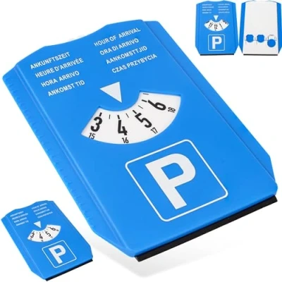 Afbeelding van parkeerschijf met ijskrabber, 2 stuks, blauw, acht talen, parkeerklok incl. 3 x winkelwagenchip, voor auto, vrachtwagen, camper, parkeerschijven, parkeerkaart,
