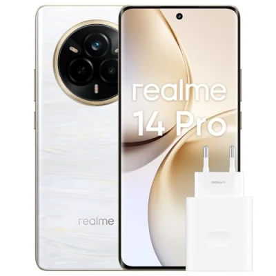 Afbeelding van realme 14 Pro+ 5G Smartphone, Android mobiele telefoon, 8 + 256 GB, 6,83 inch, 50 MP Sony OIS camera, koud gevoelig kleurveranderend design, IP69, display met 120 Hz, 5260 mAh, wit (met adapter)