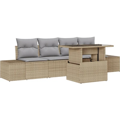 Afbeelding van vidaXL Tuin Sofa Set van 5 Beige, Grijs Poly Rattan, Staal, Polyester