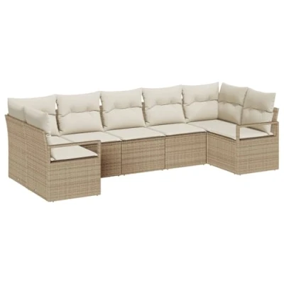 Afbeelding van vidaXL 7 delige Tuin Sofa Set met Kussens Beige Poly Rattan, 2 Zits Opbergruimte &amp; Rattan