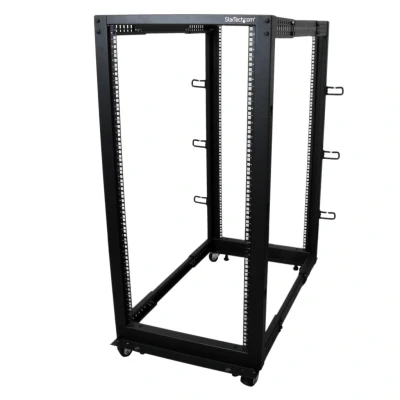 Afbeelding van StarTech.com 25U open frame serverrekkast met 4 stijlen instelbare diepte incl. zwenkwielen/stel