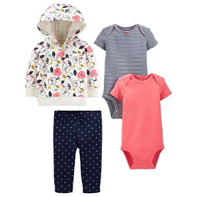 Afbeelding van Simple Joys by Carter&#039;s Babymeisjes, 4 delige jas, broek en bodysuit, koraalroze/ecru bloemen/marineblauwe stippen/streep, pasgeborene