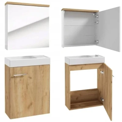 Afbeelding van Deftrans wastafel + spiegel, badkamermeubelset voor gasten badkamer, wc, 50 x 70 23 cm, eiken, wastafelonderkast en spiegelkast, badkamerkast, spiegelkast met onderkast