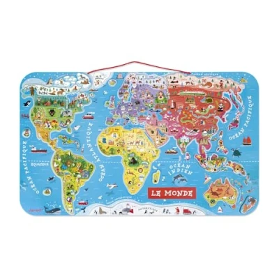 Afbeelding van Janod Houten magnetische wereldkaartpuzzel 92 stukken 70 x 43 cm Franse versie educatief spel vanaf 7 jaar, J05500 Metallic Silver