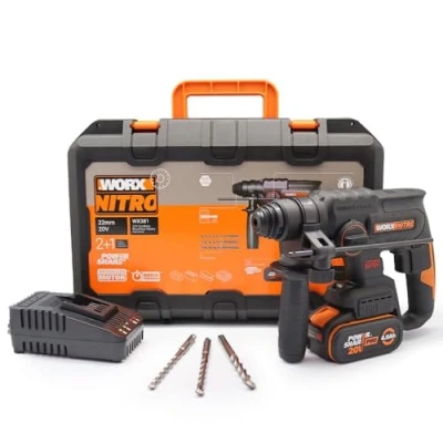 Afbeelding van WORX NITRO WX381 Accuboorhamer 20 V borstelloze motor multifunctioneel gereedschap voor boren, hamerboren en beitelen 2 joule slagenergie incl. 4 Ah Pro accu snellader