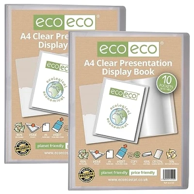 Afbeelding van eco A4 formaat 50 procent gerecycled 10 Pocket Clear Presentatie Display Book, Opbergkoffer Portfolio Art Folder met Plastic Mouwen, Pack van 2, eco125x2