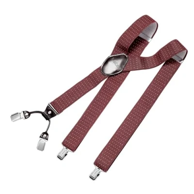 Afbeelding van DonDon herenbretels 3,5 cm breed 4 clips van bruin leer in Y vorm elastisch en verstelbaar Gestippeld red wit