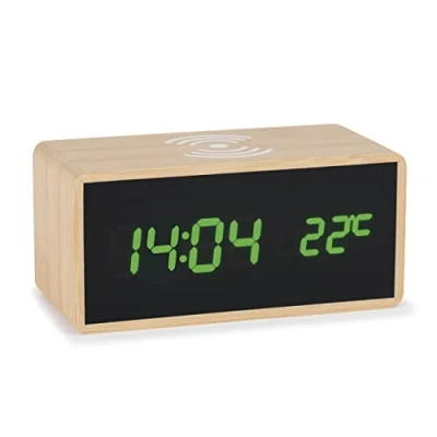 Afbeelding van Atlanta Digitale wekker, led display met draadloos opladen, inductieve oplaadfunctie, bamboe behuizing 2602