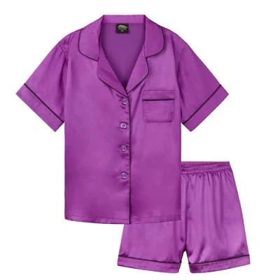 Afbeelding van CityComfort Satijnen zomerpyjama voor meisjes, kinderen en tieners van 7 tot 16 jaar, 2 delige set, korte pyjama Paars, 11 12 Jaren