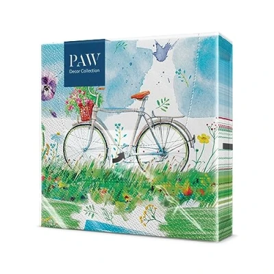Afbeelding van PAW Papieren Servetten 3 laags (33 x 33 cm) I 20 Stuks Gedrukt met Inkt op Waterbasis Verjaardag Decoratie Tafelversiering Natuur, Dieren Motief Kleur: Watercolor Bicycle
