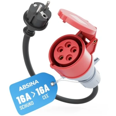 Afbeelding van ABSINA Adapter Schuko stekker op CEE koppeling naar 16A 5 polig met 60 cm kabellengte &amp; IP44 bescherming draaistroomadapter als accessoire voor elektrische auto