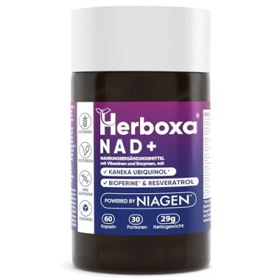 Afbeelding van Herboxa NAD+ Nicotinamide Riboside NIAGEN gepatenteerde formule, met KANEKA (CoQ10), vitamine E en B12 ter ondersteuning van de vermindering vermoeidheid vermoeidheid, 60 capsules