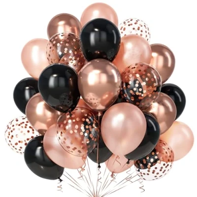 Afbeelding van Teselife Rose Goud Zwarte Ballonnen, 30 Stks Inch Zwart Metallic Gouden Confetti Ballon met Lint Meisjes Vrouwen Verjaardag Bruids Douche Bruiloft Prom Afstuderen Engagement