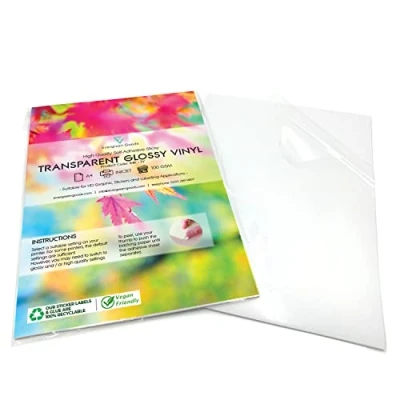 Afbeelding van EVG 10 vellen A4 transparante, glanzende zelfklevende vinylstickers, hoge resolutie printpapier voor inkjetprinter, ideaal stickerpapier borden, kinderstickers en doe het zelfprojecten
