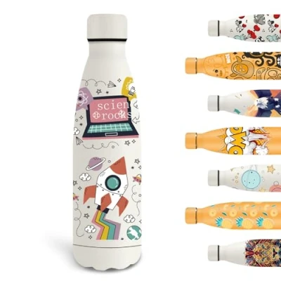 Afbeelding van Grsta Thermosfles, 500 ml, gepersonaliseerde drinkfles met raketpatroon, metalen fles, lekvrij, voor kinderen, staal, vacuüm geïsoleerd, school, kantoor, reizen, wit